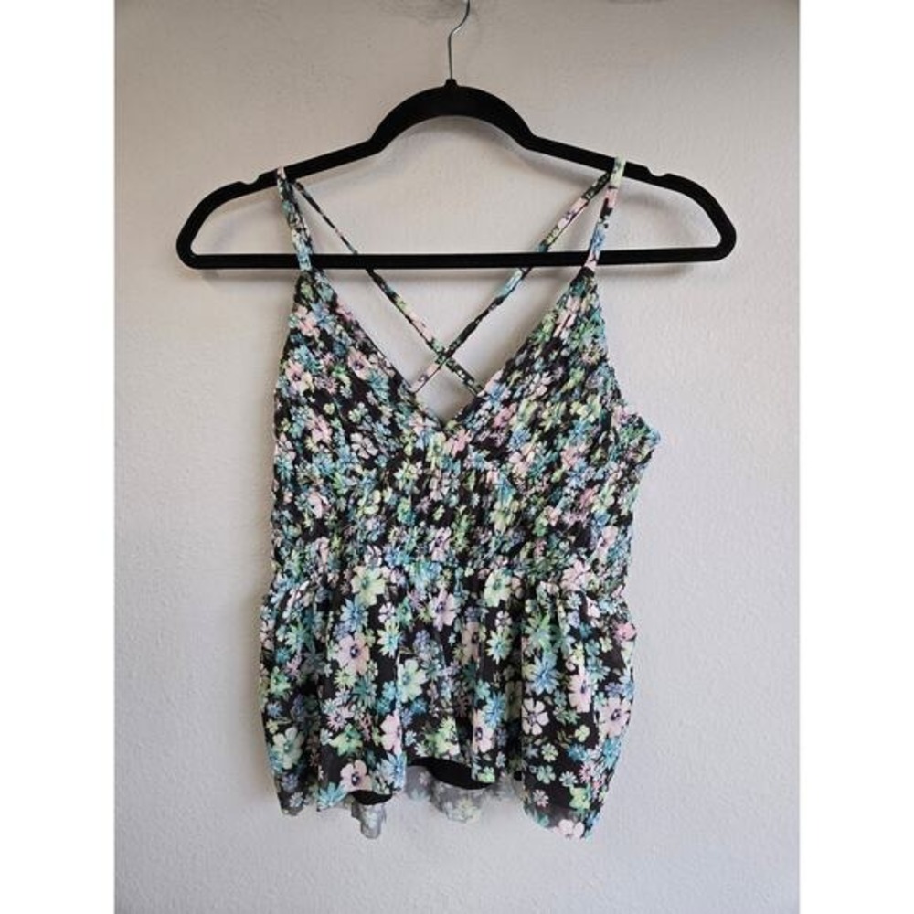 Anthropologie Floral Mesh Smocked Peplum Criss-Cross Back Cami Top Small
